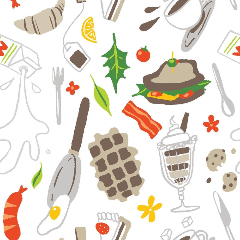 A tiling illustrated pattern of cafe foods.