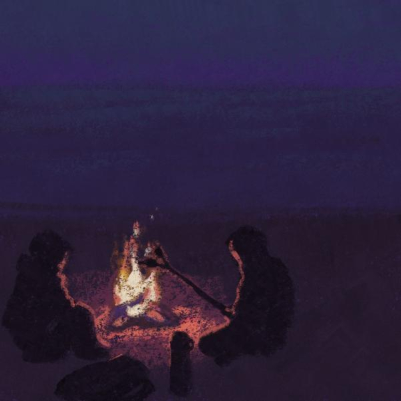 An illustration of a couple sitting next to a fire at night on the beach.