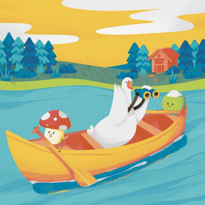 An illustration of a kayak of anthropomorphised coconut, goose and mushroom friends.