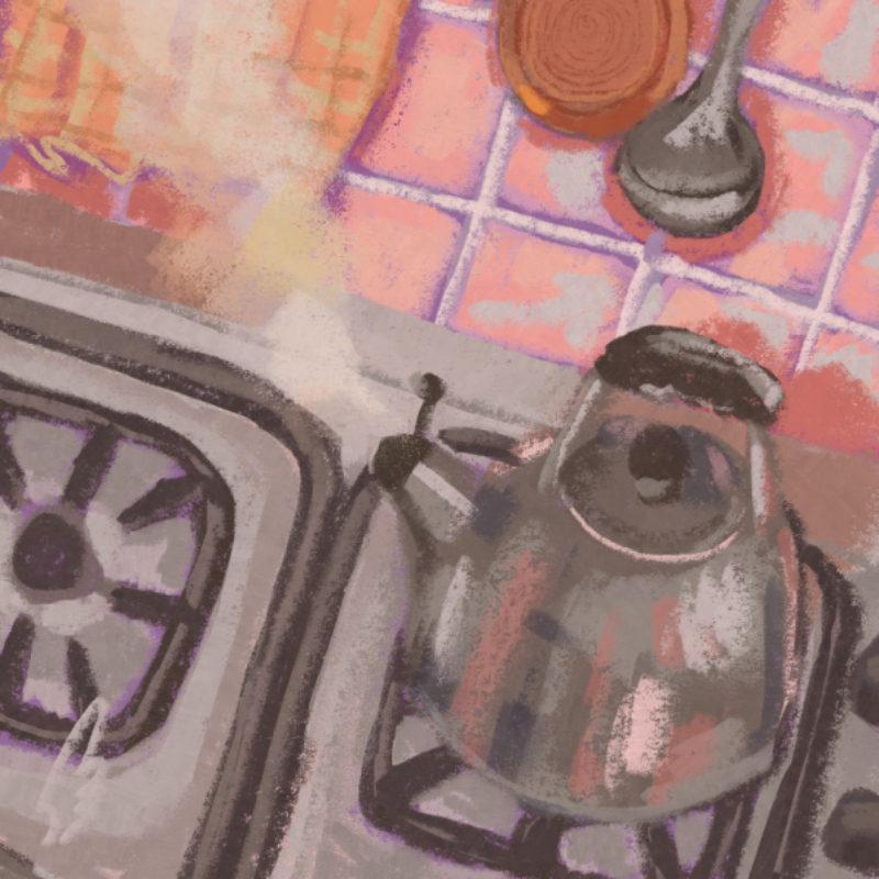 An illustration of a stove kettle in a vintage pink kitchen.