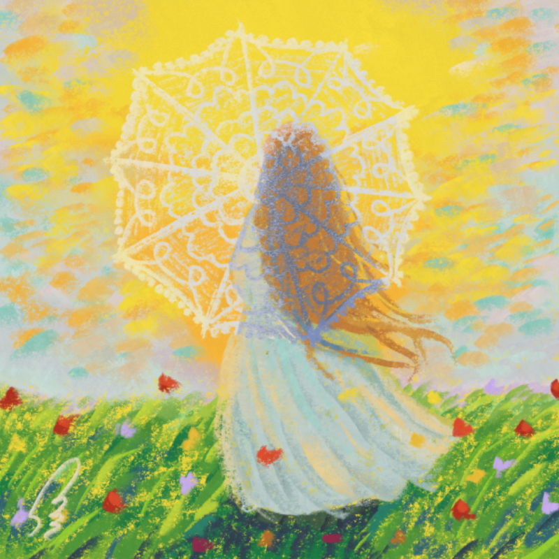 An illustration of the back of a woman holding a lace umbrella.