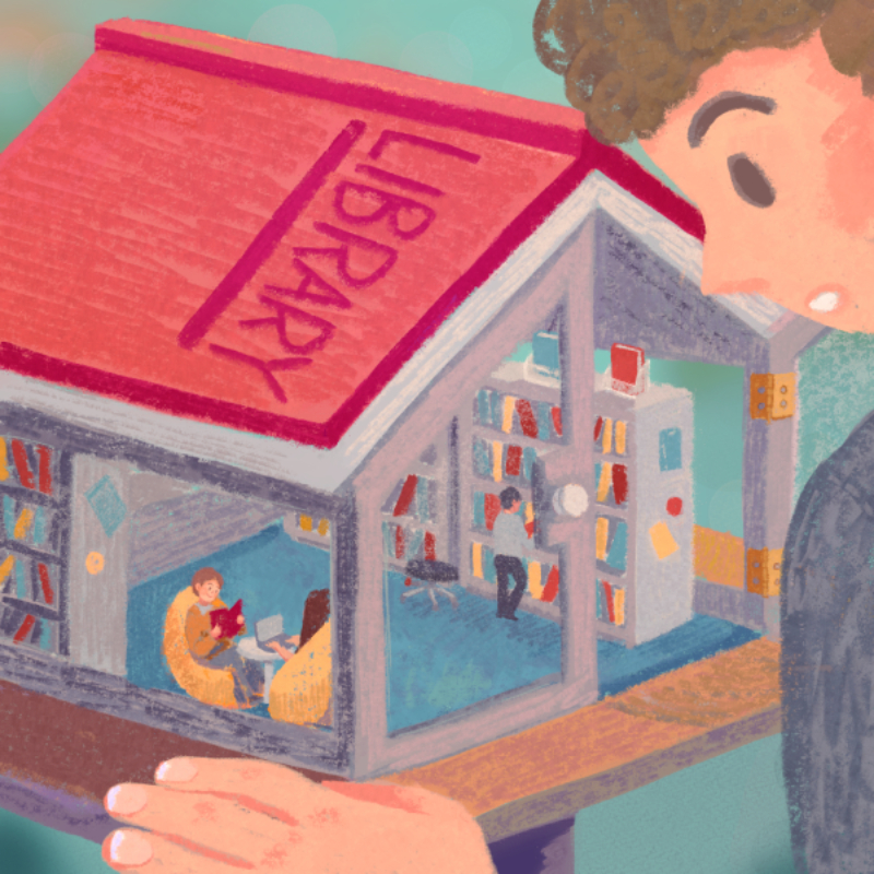 An illustration of a giant man looking into a miniature library.
