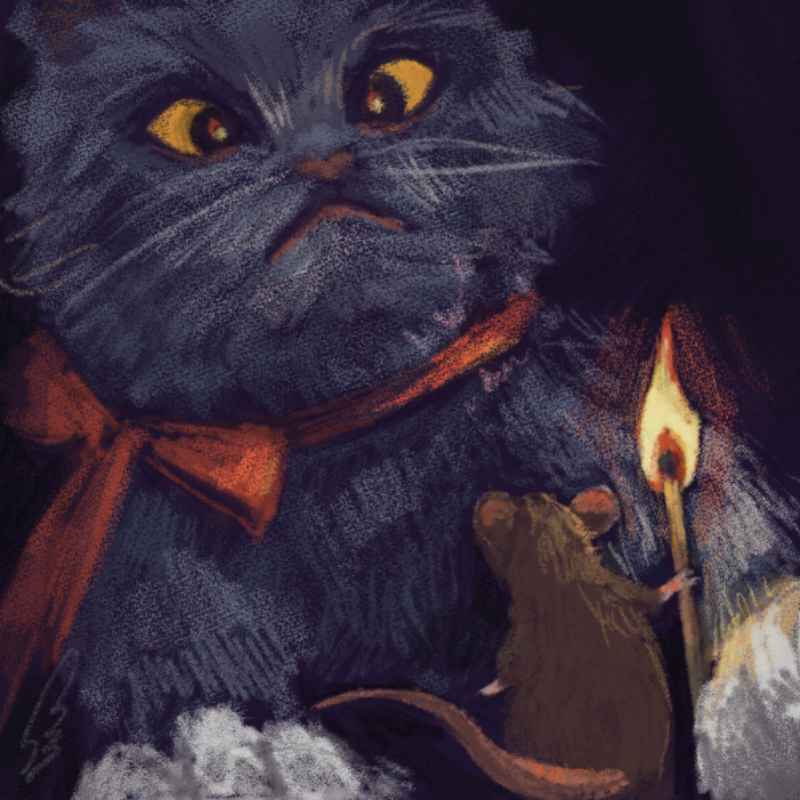 An illustration of a mouse holding a lit matchstick beneath a menacing cat.