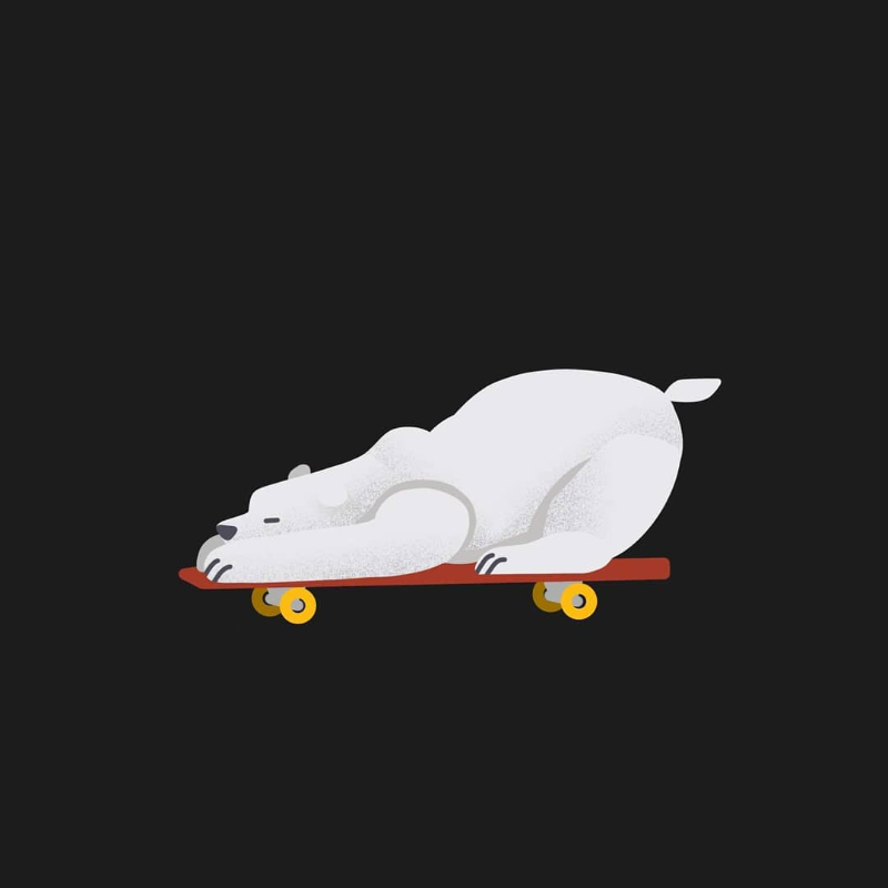 An illustrated icon with a polar bear on a longboard.