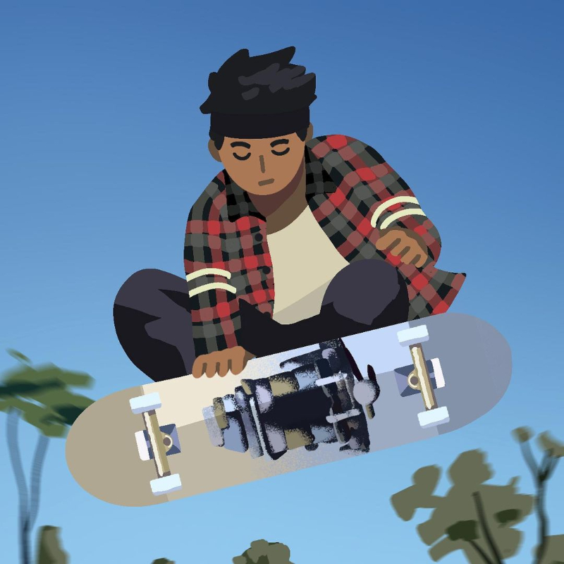 An illustration of a man doing an ollie on his skateboard.