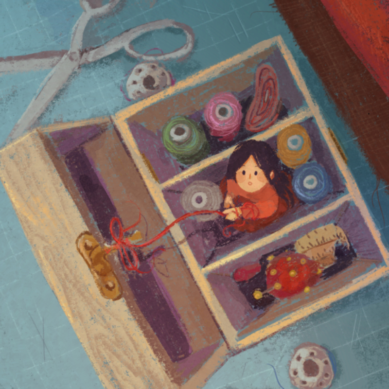 An illustration of a thumb-sized girl inside a sewing box climbing up a piece of red string.