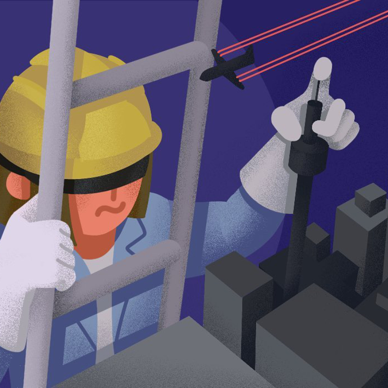 An editorial illustration of a female builder constructing a city from a ladder.