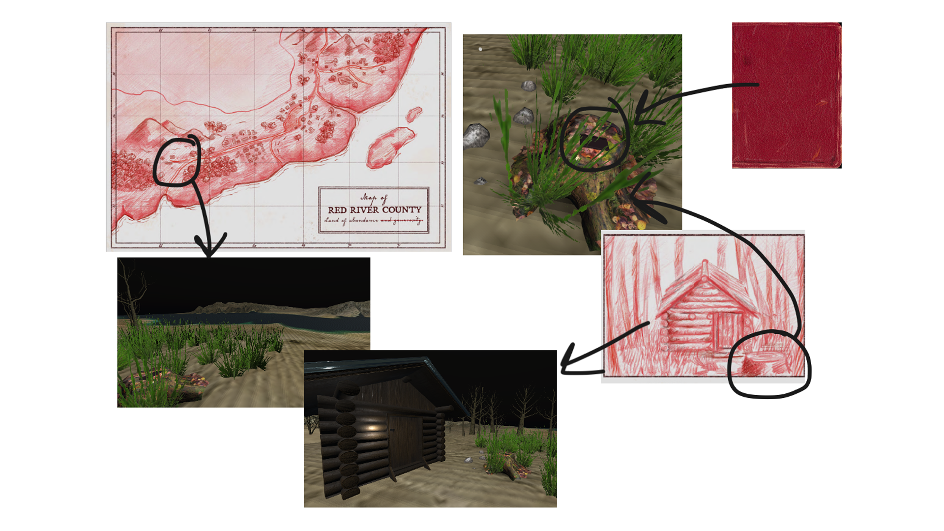 Screenshots showing concept art of Red River County compared to its virtual counterpart.