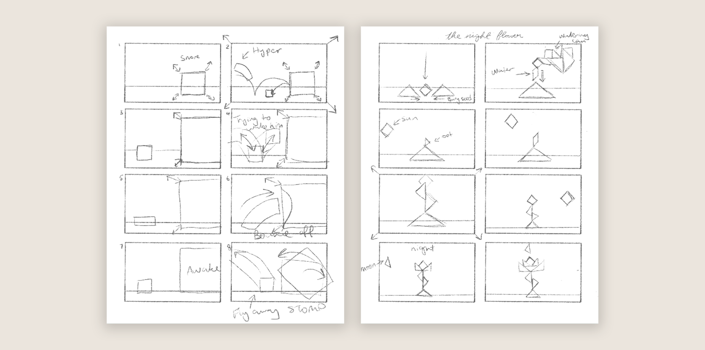 Screenshots of storyboards for the squares animation and tangram flower exercise.